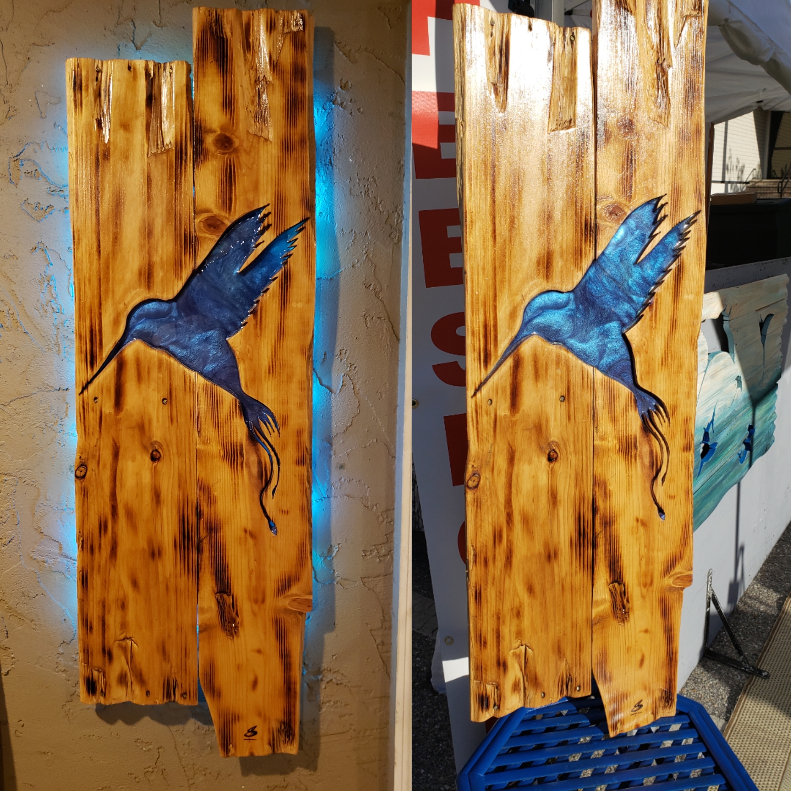 Humming bird in Torched aged wood and epoxu resin fill in