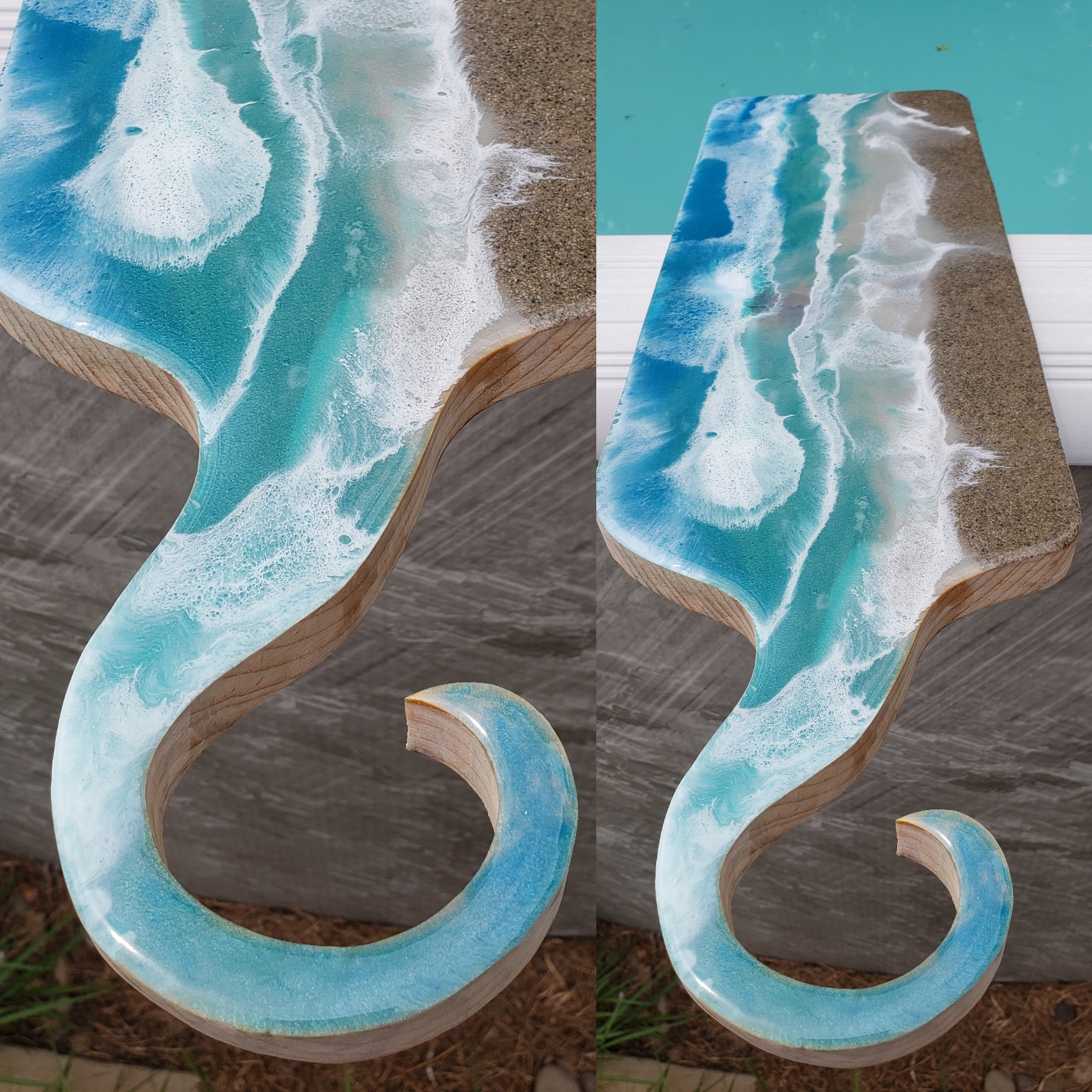 Custom resin artwork serving boards with sand