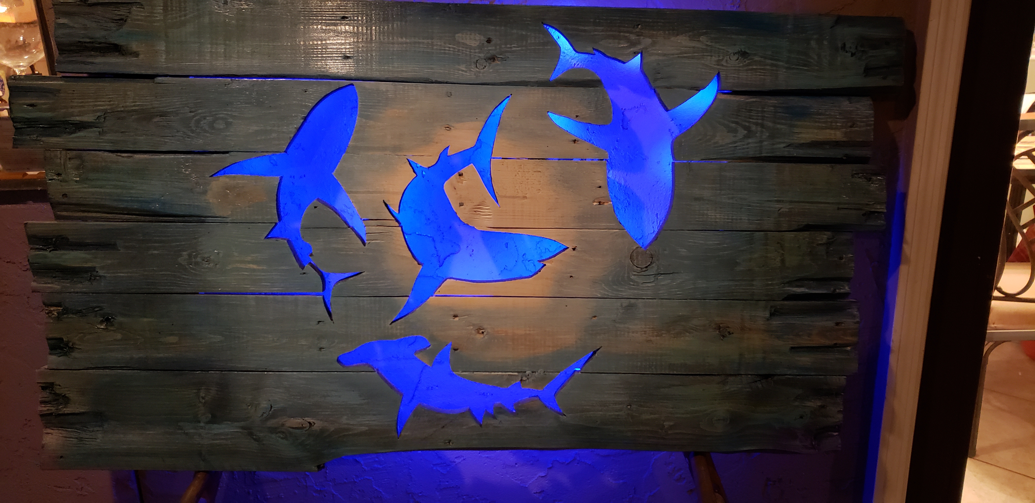 Shark Frenzy - Illuminated Wood Art